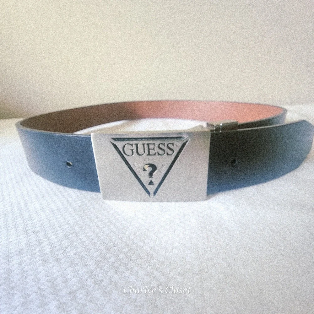 GUESS Mens Leather Belt 32 Black Silver Triangle Logo Buckle 36 Y2K Retro Riz